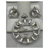 Sterling Silver Clock Pendant & Earrings