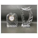 Signed Waterford Crystal Harp Paperweight & Clock