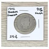 1902 Barber Quarter 90% Silver Coin