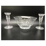 Signed Waterford Bowl & Crystal Candle Holders