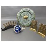 Vintage Brass Pagoda Bookends, Nautical Glass +