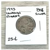 1943 Canadian Quarter 80% Silver Coin