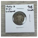 1943-S Fiji Sixpence 90% Silver Coin