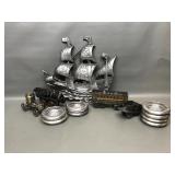 Vtg Metal Ship Wall Plaque, Vtg Metal & Glass