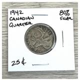 1942 Canadian Quarter 80% Silver Coin