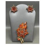 Unsigned Fancy Orange Rhinestone Brooch W Clip