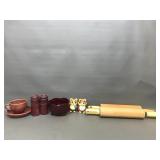 Vtg Wooden Rolling Pins, Ceramic Owl Salt & Pepper