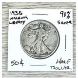 1935 Walking Liberty 90% Silver Coin Half Dollar