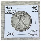 1937 Walking Liberty 90% Silver Half Dollar