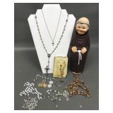 Vtg Rosaries, Ceramic Monk Decanter & Religious