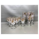 Vtg Mcm Libbey Gold Leaf Pilsners & Goblet Glasses