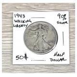 1943 Walking Liberty 90% Silver Coin Half Dollar