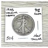 1945 Walking Liberty 90% Silver Coin Half Dollar