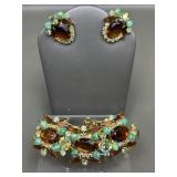 Vintage Amber & Mint Rhinestone Bracelet W Clip