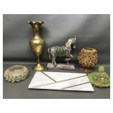 Vtg India Brass Urn Vase, Marble Tray & More!