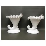 Vtg Fenton Slvr Crest Milk Glass Cornucopia Vases