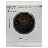 1935 5 Reichmark German Ww2 Coin