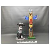 Vtg Wooden Totem Pole & Resin Cowboy Figurine