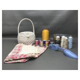 Folk Art Clothespin Holder, Thread, Wicker Basket