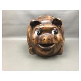 Vtg Wood Look Ceramic Chalkware Piggy Bank