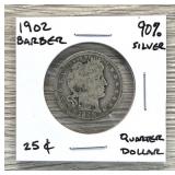 1902 Barber Quarter 90% Silver Coin