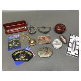 Vtg Belt Buckles, Pocket Watch, Wooden Trinket