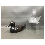 Vintage Hand Carved Duck Decoy & Crystal Basket