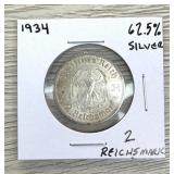 1934 2 Reichsmark 62.5% Silver Coin