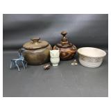 Handcrafted Carved Wood Bowl & Handmade Stoneware