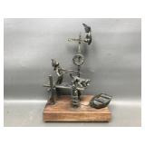 Vtg 1970 Bronze Sculpture Fishing Boy&dog Signed