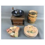 Vtg Coffee Grinder, Barrell Bank & More!