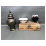 Vtg Brass Urn, Vtg Louis Club House Cigar Box & Mo