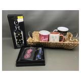 Fitz&floyd Glass Polka Dot Decanter + Quoted Mugs