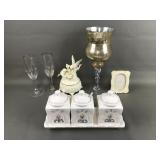 Mercury Glass Candle Holder, Champagne Glasses &