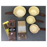 Vintage Fondue Forks & Enamelware Sauce Pans