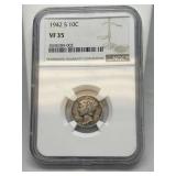 1942 Mercury Dime VF35 NGC Graded