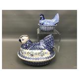 Polish & Thai Floral Pottery Hen Shaped Jars