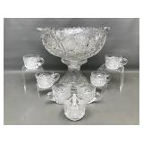 Vintage Glass Punch Bowl W Pedestal Base, Set 10pc