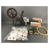 Vintage Miniature Decor Spinning Wheel & Buttons