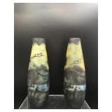 French Art Nouveau Cameo Glass Landscape Vases