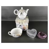 Porcelain Tea Pot And Cup Set, Crystal Heart Box
