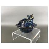 Vtg Mini Mosser Carnival Glass Cat On Nest Salt