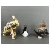 Glass art penguin, horn sculpture & more