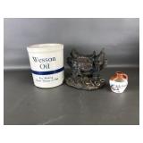 Vtg Wesson Oil Stoneware Crock & Vtg Sss Sarna