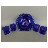 Vtg Cobalt Horse Ruffle Bowl & Toothpick Holders