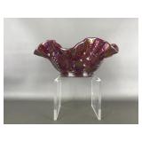 Vtg Carnival Glass Blowl With Grape & Leaf Motifs