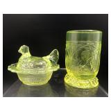 Vtg Uranium Glass Hen Salt Cellar & Toothpick Hld