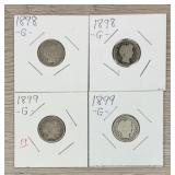 Lot of (4) Barber Dimes 90% Silver Coins