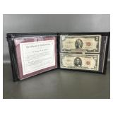 Red Seal $2 & $5 Bills Us Currency In Folder