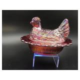 Mosser? Amberina Glow Ruby Carnival Glass Hen Nest